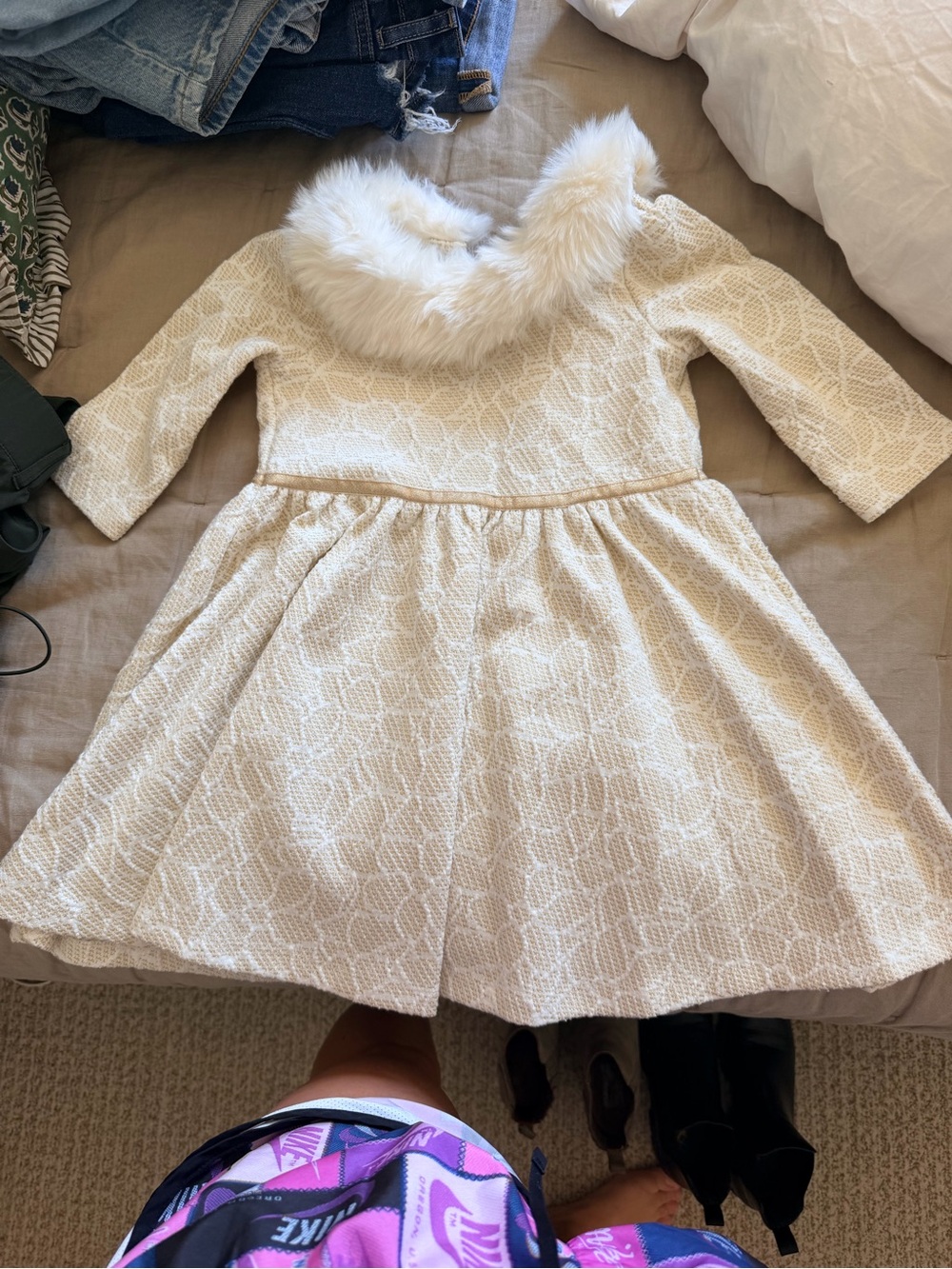 Janie and Jack Cream Textured Dress with Faux Fur Collar